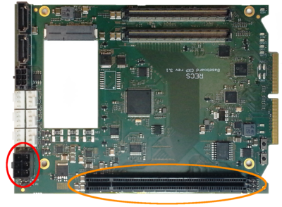 PCIe slot (orange) and 6-pin power connector (red) on an v3.1 CXP BB