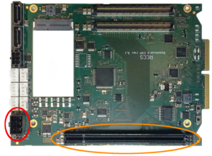 PCIe slot (orange) and 6-pin power connector (red) on an v3.1 CXP BB